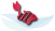 logo-1 Red fish-shaped sushi on dark background.